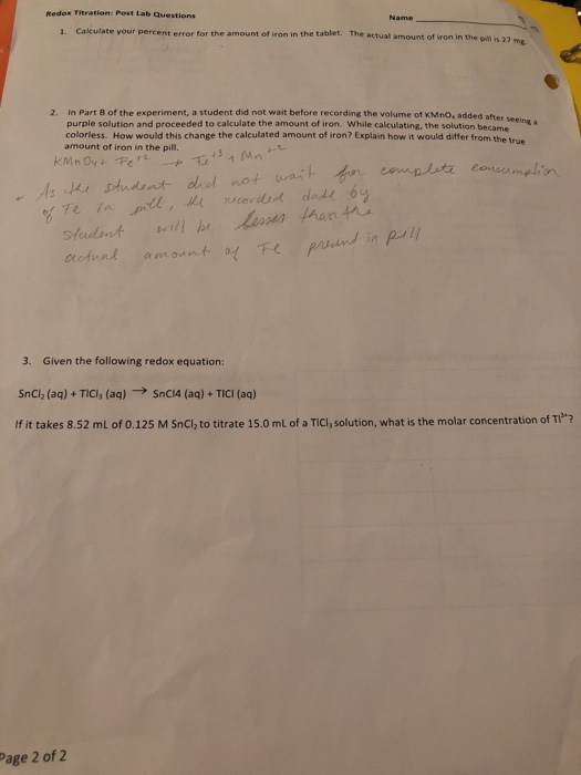 Solved Redox Titration Post Lab questions 1. Calculate your