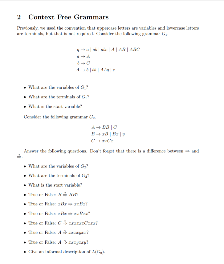 Solved 2 Context Free Grammars Previously, we used the | Chegg.com