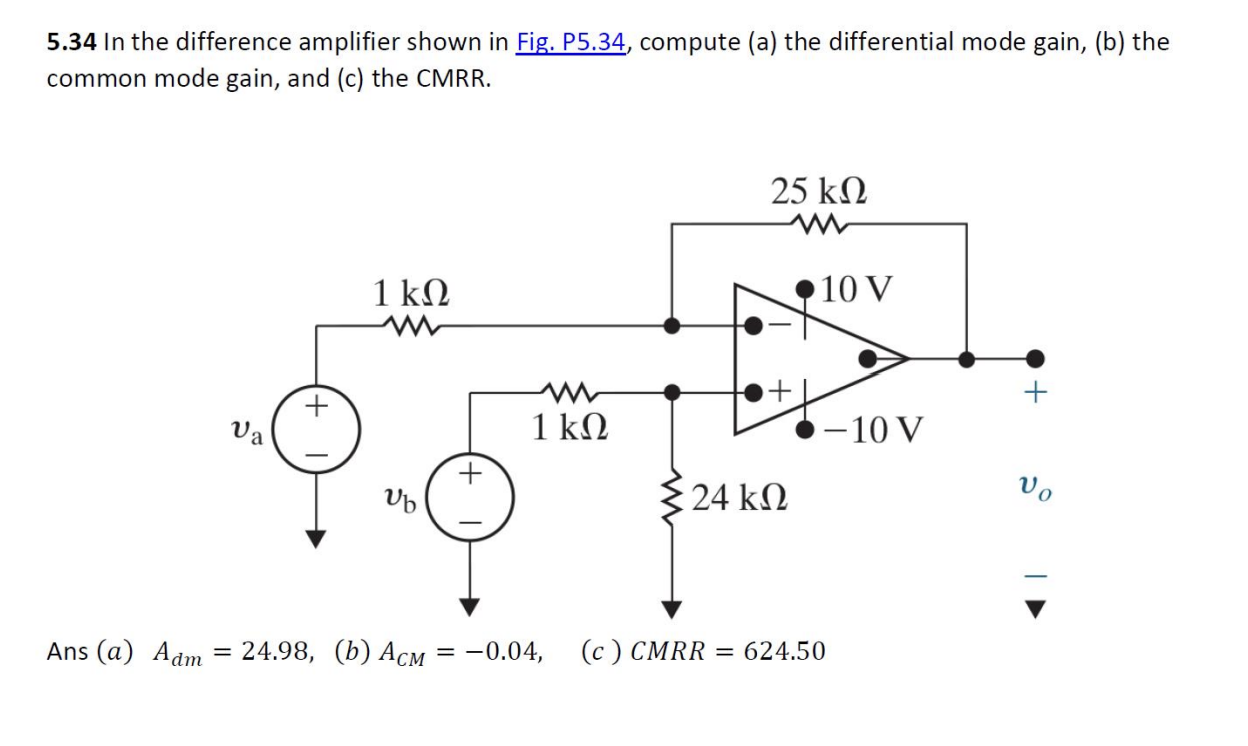 Solved 5.34 In the difference amplifier shown in Fig. P5.34, | Chegg.com