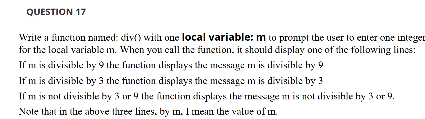 Solved QUESTION 17 Write a function named: div() with one | Chegg.com