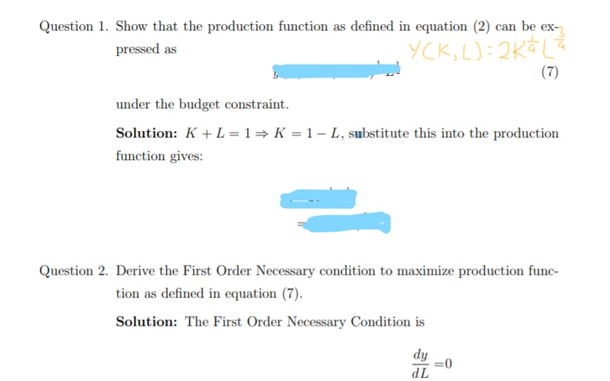 Solved Question 1. Show that the production function as | Chegg.com