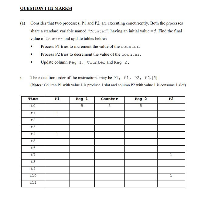 (a) Consider that two processes, P1 and P2, are executing concurrently. Both the processes share a standard variable named C