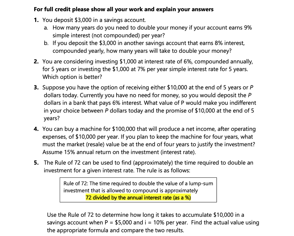 Solved For full credit please show all your work and explain | Chegg.com