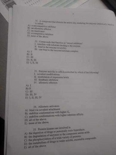 Solved 31. A compound that distoets the active site, | Chegg.com