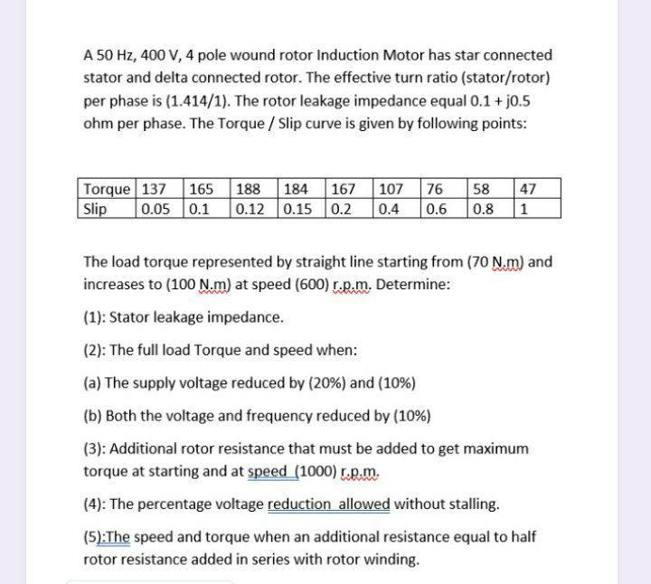 Solved A 50 Hz, 400 V, 4 pole wound rotor Induction Motor | Chegg.com