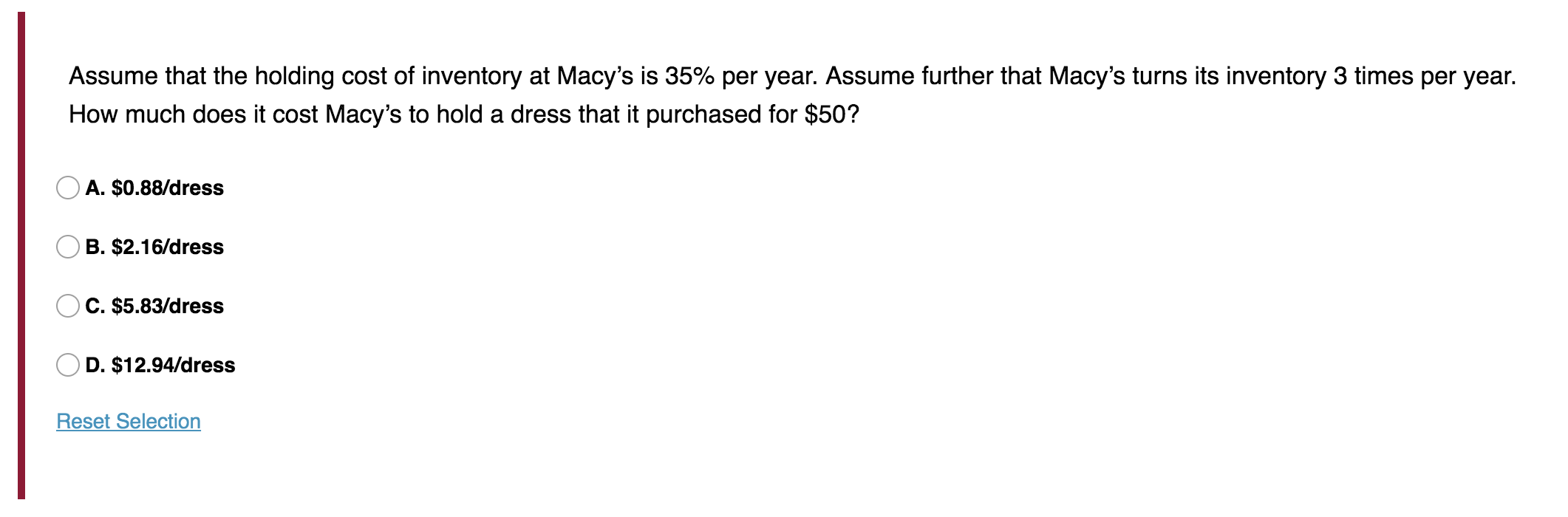 Solved Assume that the holding cost of inventory at Macy's