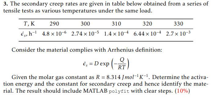 Solved 3. The secondary creep rates are given in table below | Chegg.com