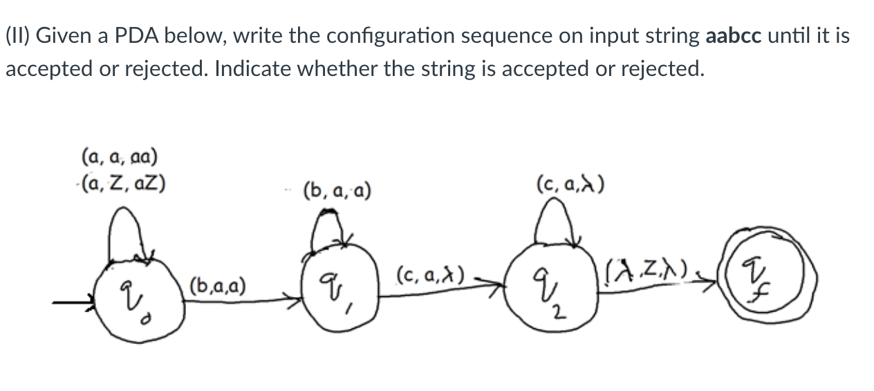 Solved (II) Given a PDA below, write the configuration | Chegg.com