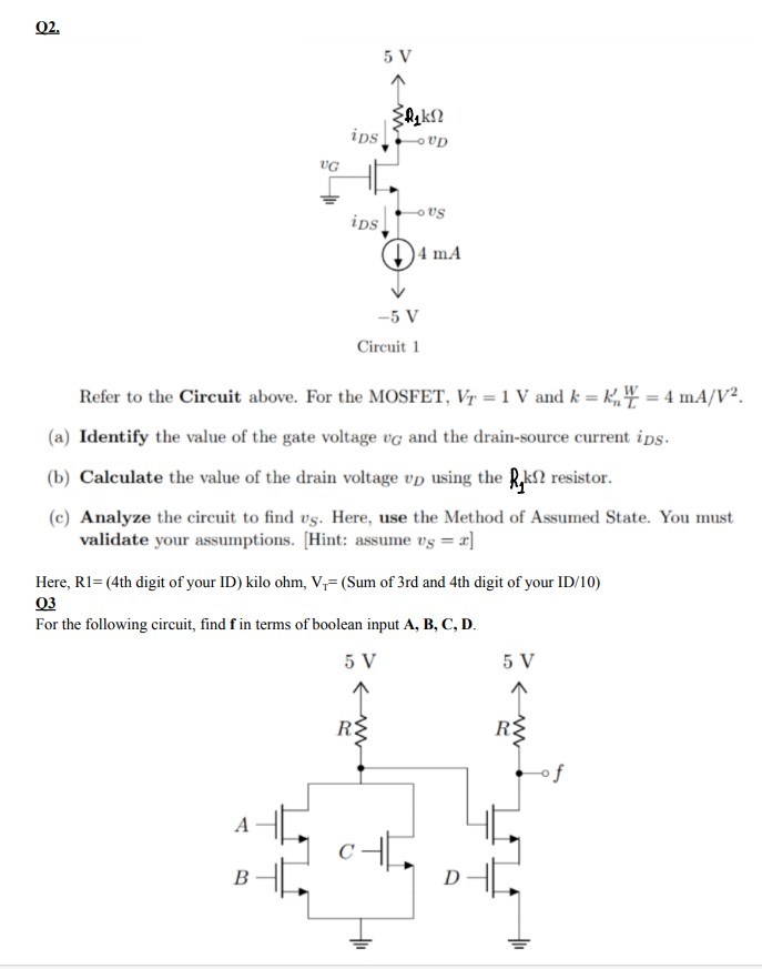 Solved Refer to the Circuit above. For the MOSFET, VT=1 V | Chegg.com