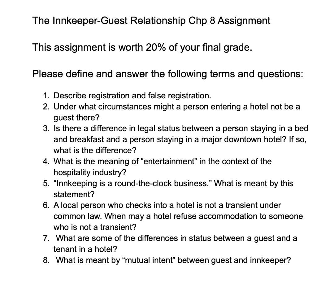 Solved The InnkeeperGuest Relationship Chp 8 Assignment