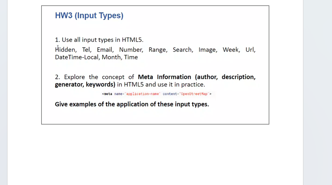 Solved HW3 (Input Types) 1. Use all input types in HTML5. | Chegg.com