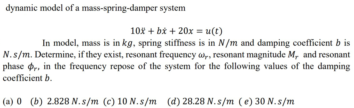 Solved Dynamic Model Of A Mass Spring Damper System 10 I Chegg Com
