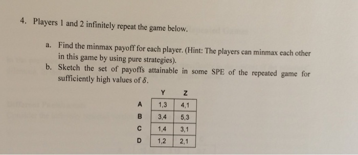 Solved 4. Players 1 and 2 infinitely repeat the game below. | Chegg.com