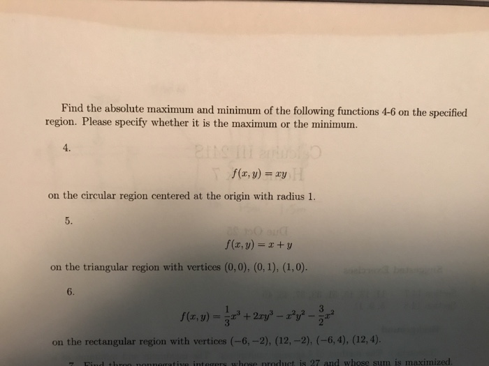 Solved Find the absolute maximum and minimum of the | Chegg.com