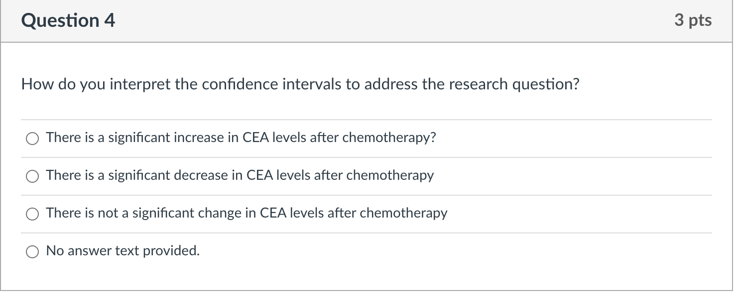 Question 4 3 pts How do you interpret the confidence intervals to address the research question? There is a significant incre