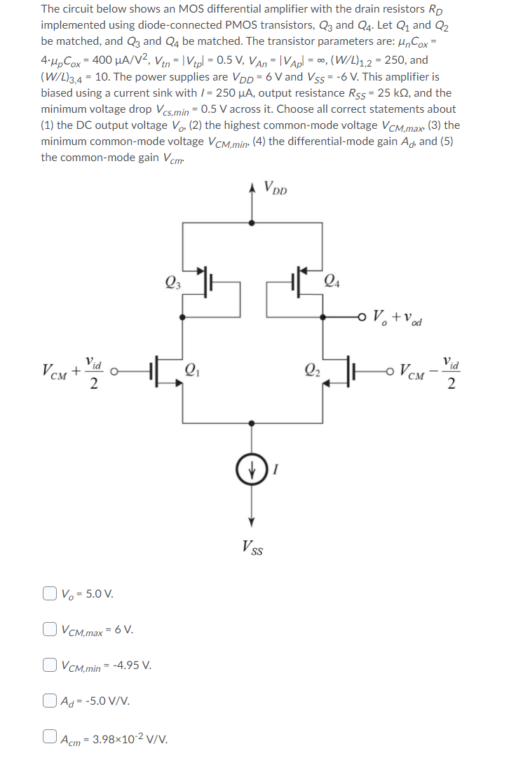 Solved The Circuit Below Shows An MOS Differential Amplifier | Chegg.com