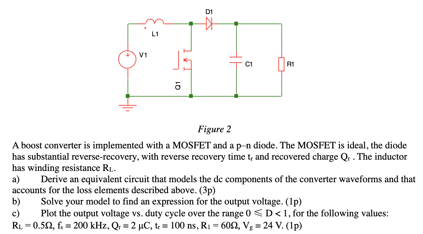 Figure 2
A boost converter is implemented with a MOSFET and a p-n diode. The MOSFET is ideal, the diode has substantial rever