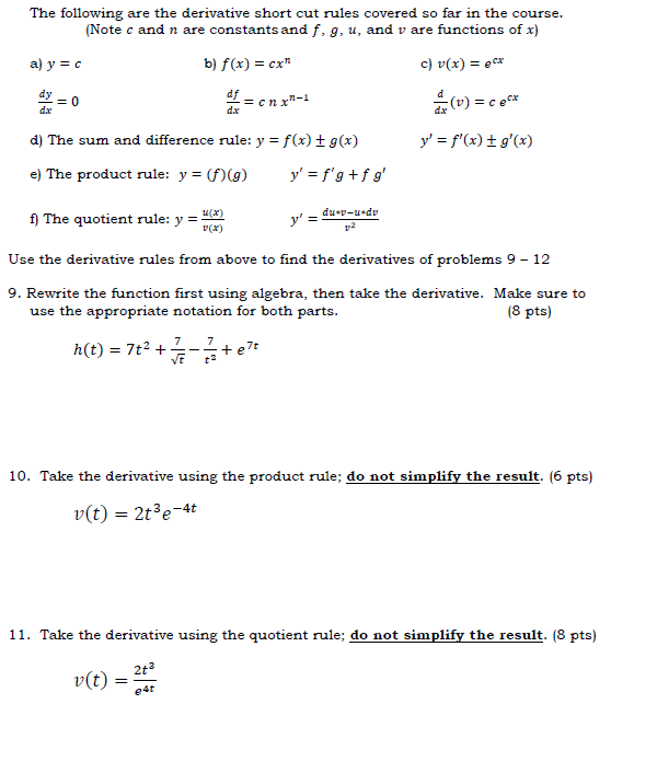 The Following Are The Derivative Short Cut Rules Chegg Com