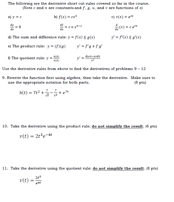 Solved The Following Are The Derivative Short Cut Rules C Chegg Com