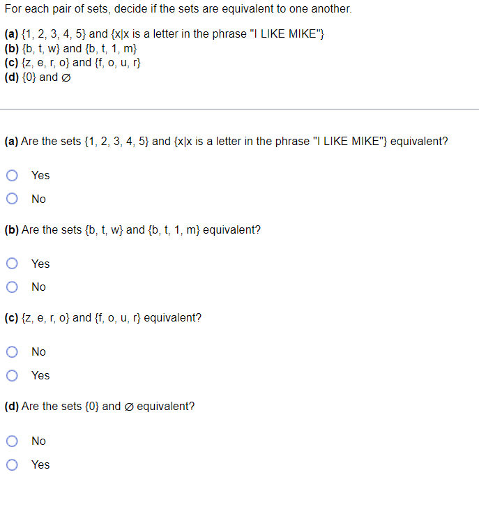 Solved For each pair of sets, decide if the sets are | Chegg.com