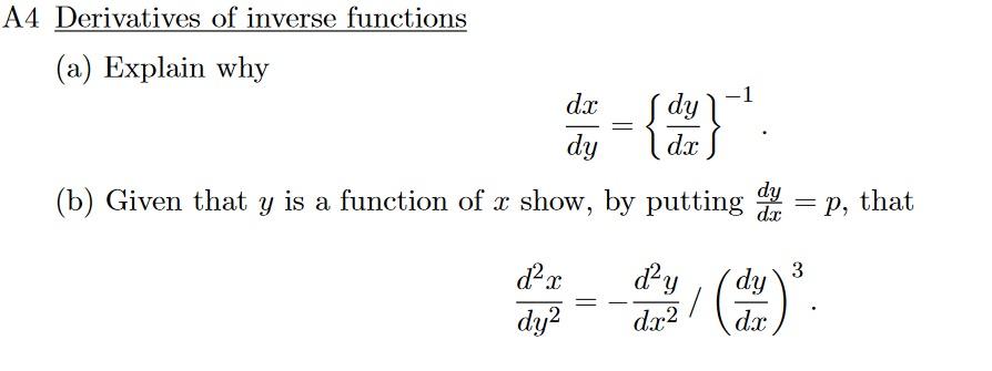 Solved A4 Derivatives of inverse functions -1 = (a) Explain | Chegg.com