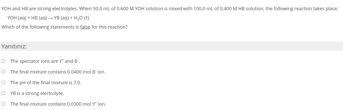 Solved Yoh And Hb Are Strong Electrolytes When 50 0 Ml O Chegg Com