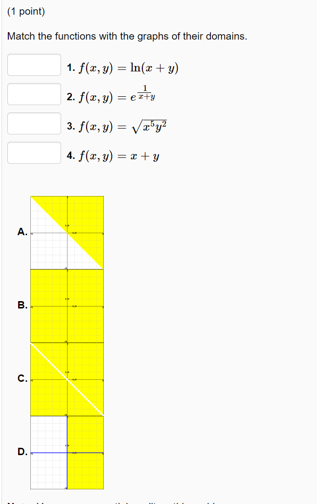 Match the functions with the graphs of their domains. 1. \( f(x, y)=\ln (x+y) \) 2. \( f(x, y)=e^{\frac{1}{x+y}} \) 3. \( f(x