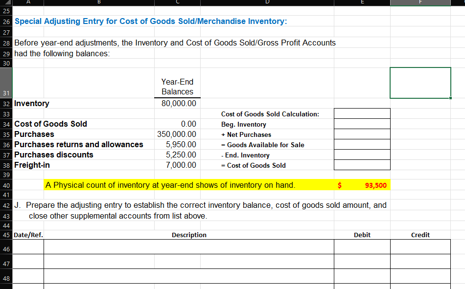 Solved Special Adjusting Entry for Cost of Goods