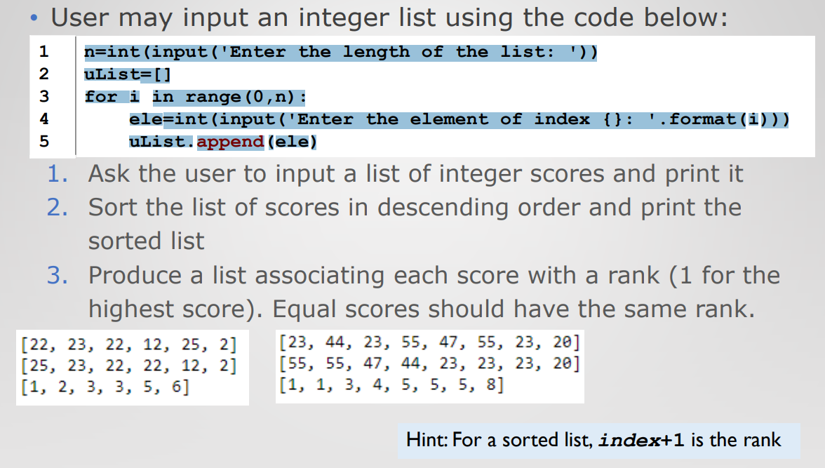 Solved Hint: For a sorted list, index+1 is the rank | Chegg.com
