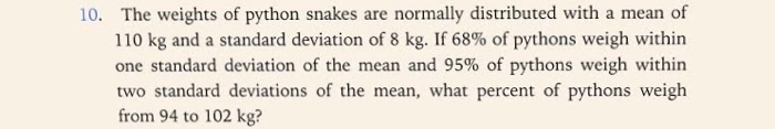 Solved The weights of python snakes are normally distributed | Chegg.com