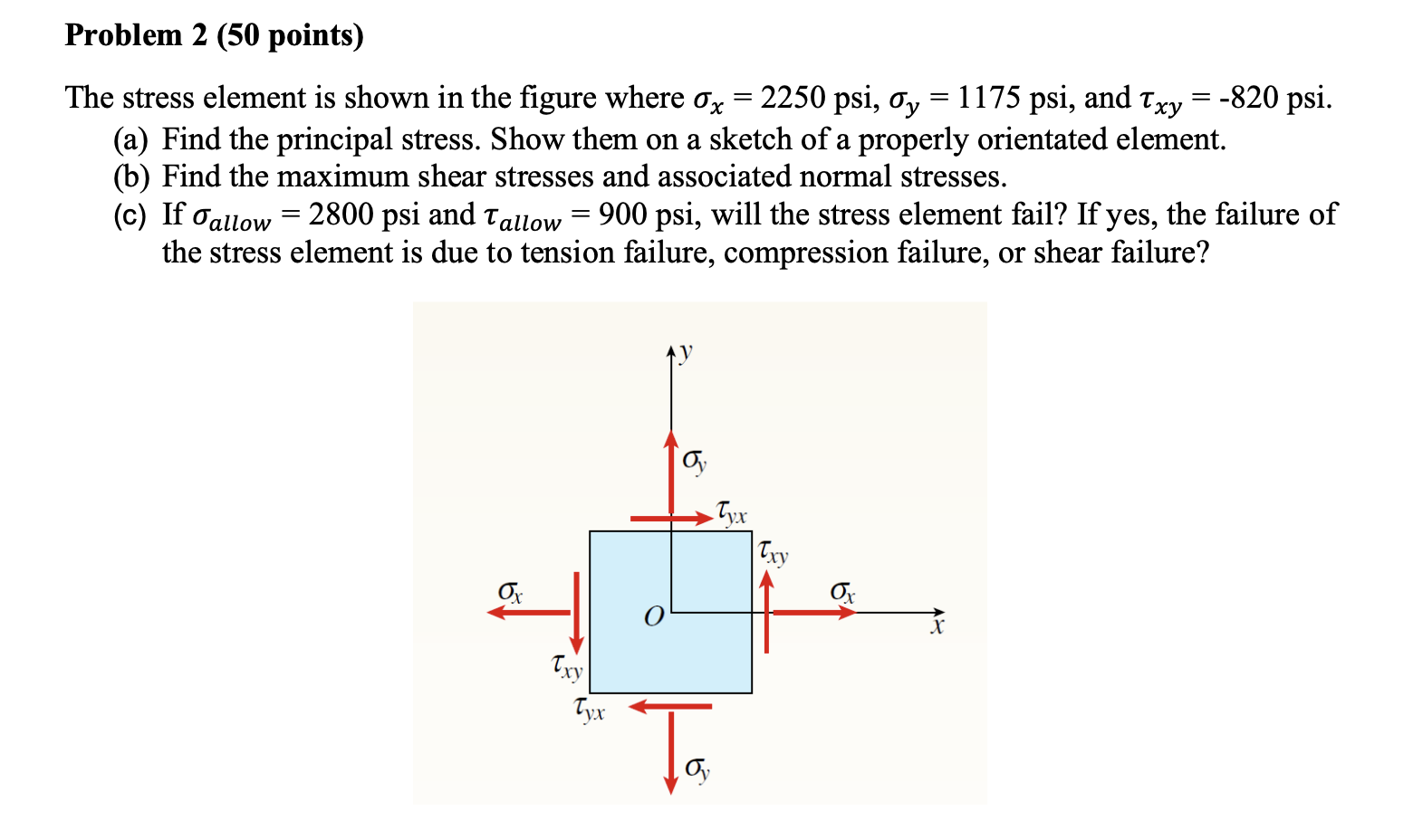Solved = Problem 2 (50 points) The stress element is shown | Chegg.com