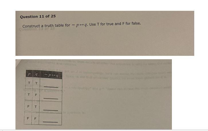 Solved Construct a truth table for ∼p↔q. Use T for true and | Chegg.com