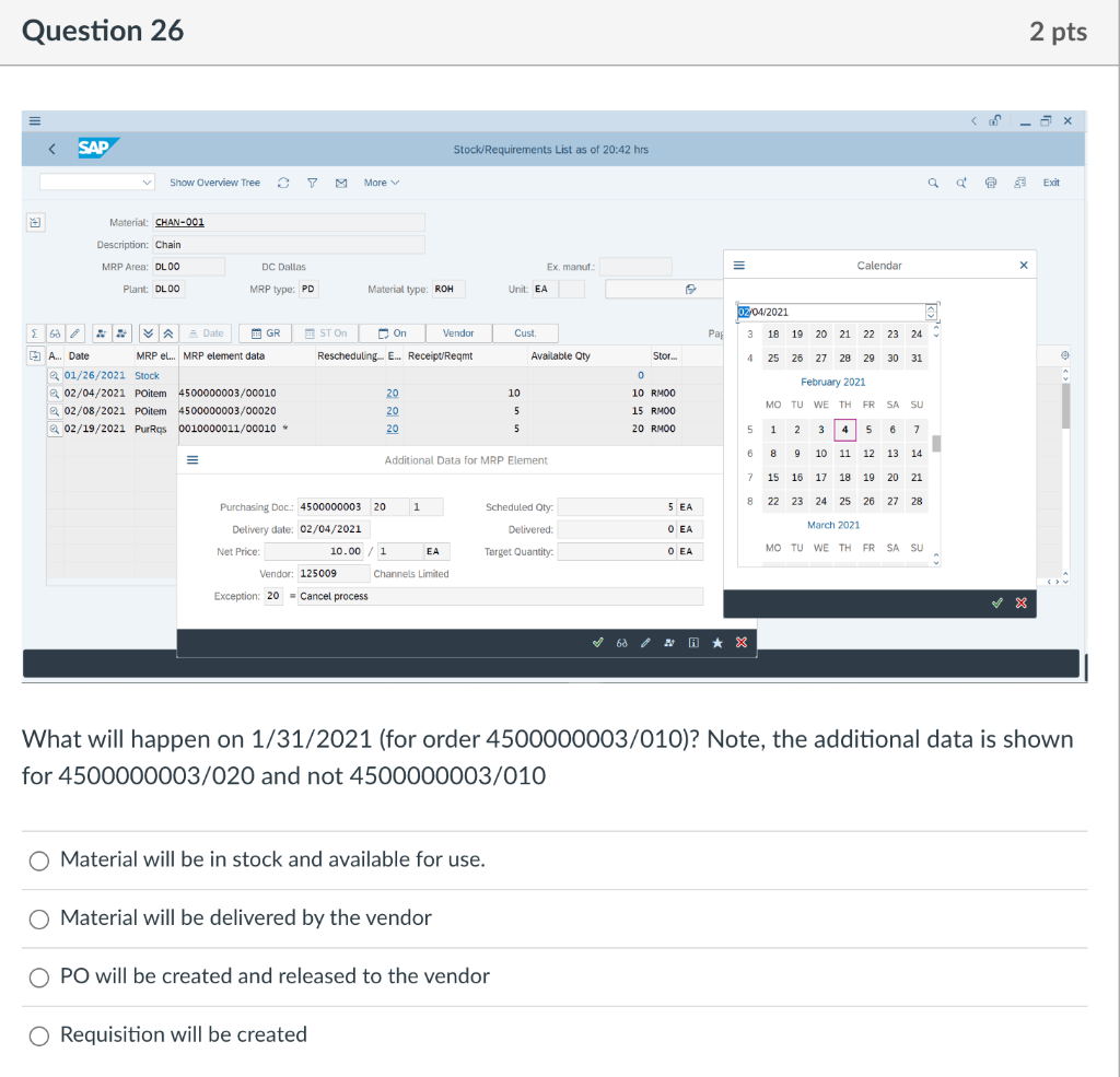 Solved What will happen on 1/31/2021 (for order | Chegg.com
