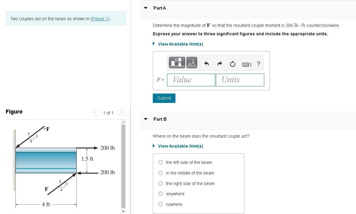 Solved Part A Two couples act on the beam as shown in | Chegg.com