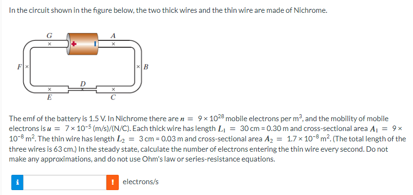 In the circuit shown in the figure below, the two thick wires and the thin wire are made of Nichrome.
The emf of the battery 