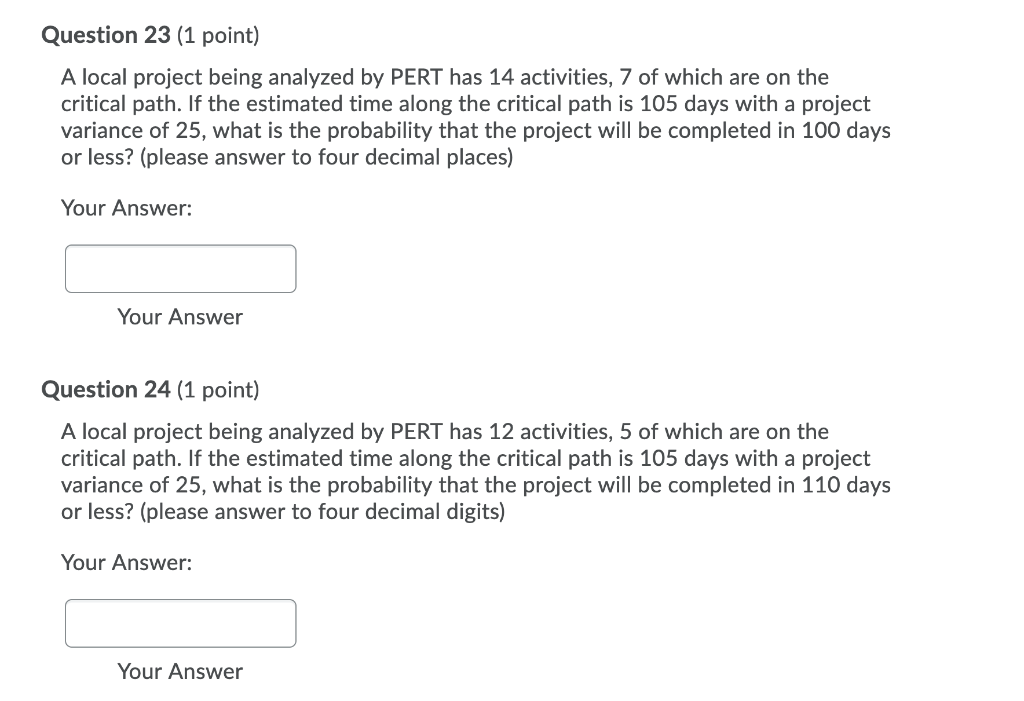 Solved Question 23 (1 point) A local project being analyzed | Chegg.com
