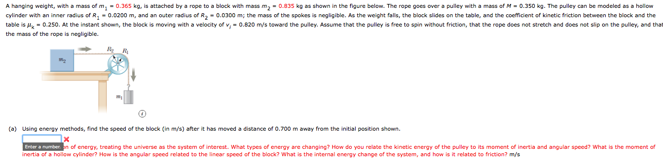 Solved A hanging weight, with a mass of m = 0.365 kg, is | Chegg.com