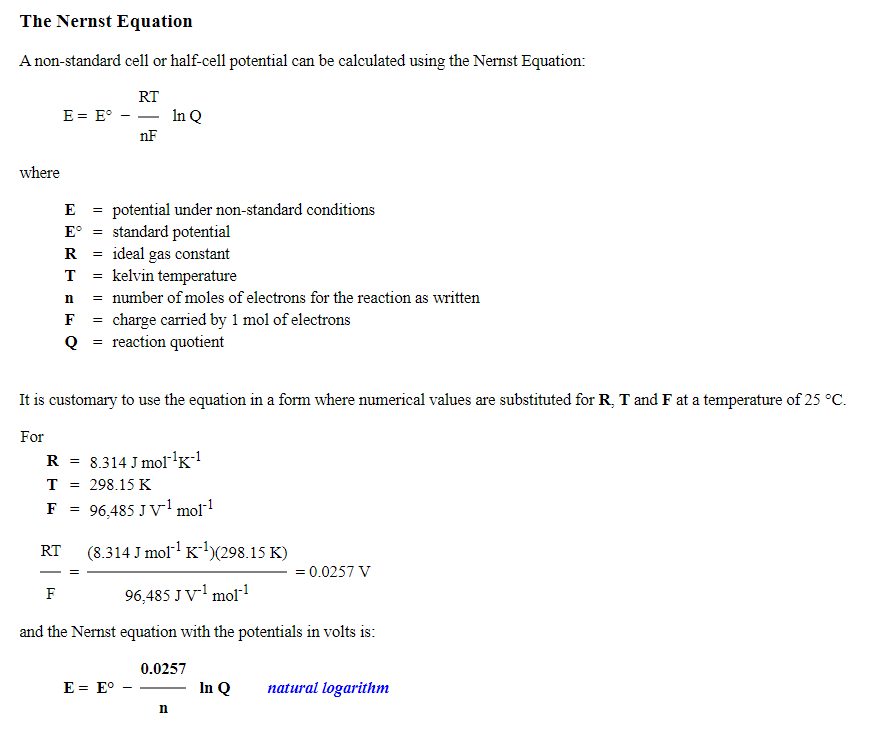 Solved The Nernst Equation A Non Standard Cell Or Half Ce Chegg Com