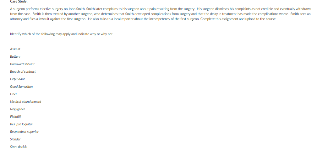 Case Study: A surgeon performs elective surgery on John Smith. Smith later complains to his surgeon about pain resulting from