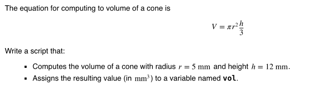 Solved The equation for computing to volume of a cone is | Chegg.com