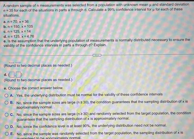 Solved A random sample of n measurements was selected from a | Chegg.com