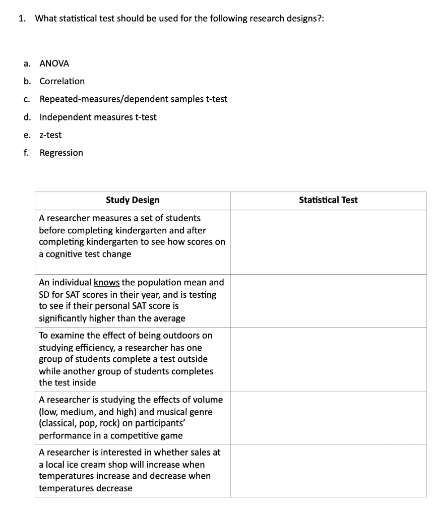 Solved 1. What statistical test should be used for the | Chegg.com