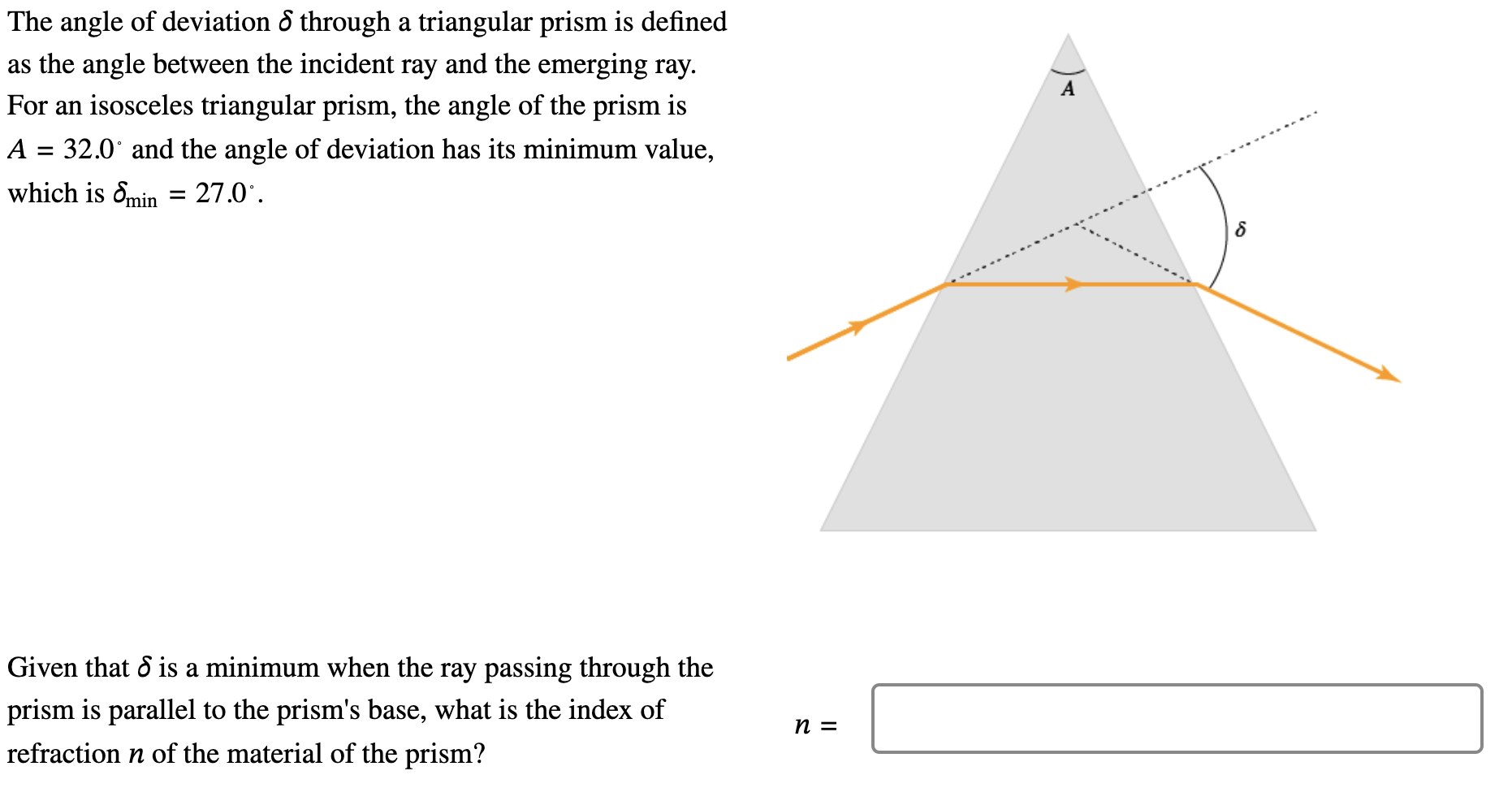 Solved The angle of deviation δ through a triangular prism | Chegg.com