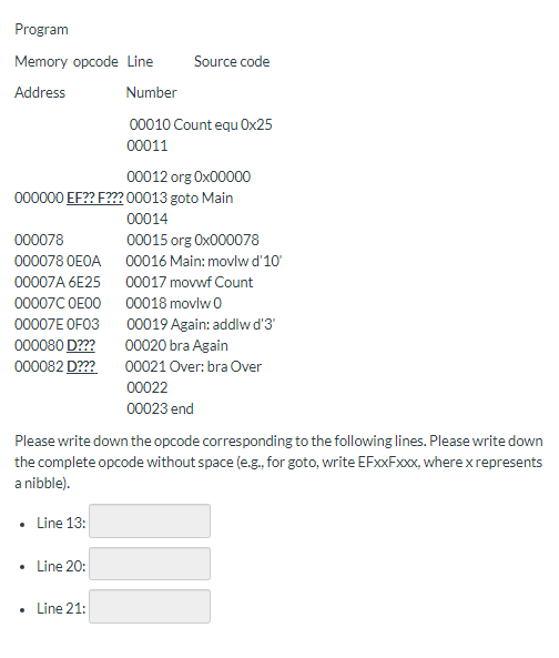 Solved Program Memory opcode Line Source code Address Number | Chegg.com