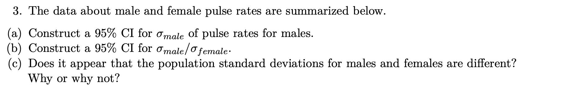 Solved The data about male and female pulse rates are | Chegg.com