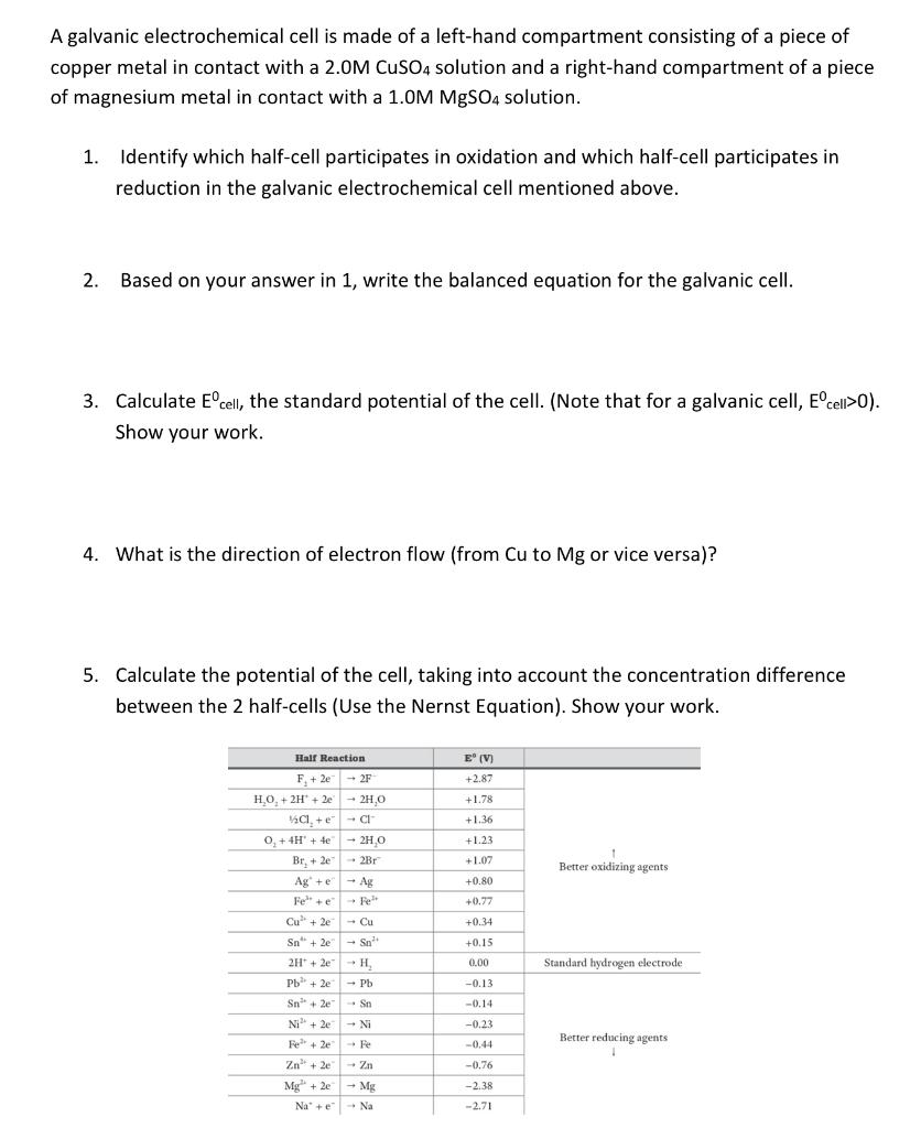 Solved A Galvanic Electrochemical Cell Is Made Of A 