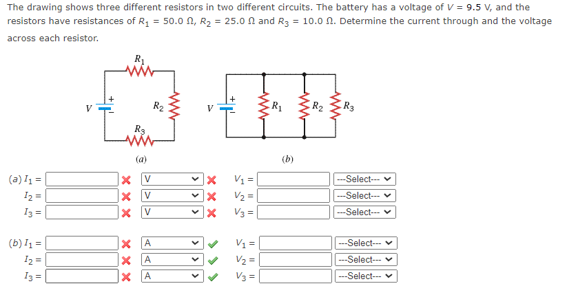 The drawing shows three different resistors in two different circuits. The battery has a voltage of \( V=9.5 \mathrm{~V} \), 