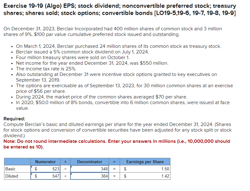 Solved Exercise 19-19 (Algo) EPS; Stock Dividend; | Chegg.com