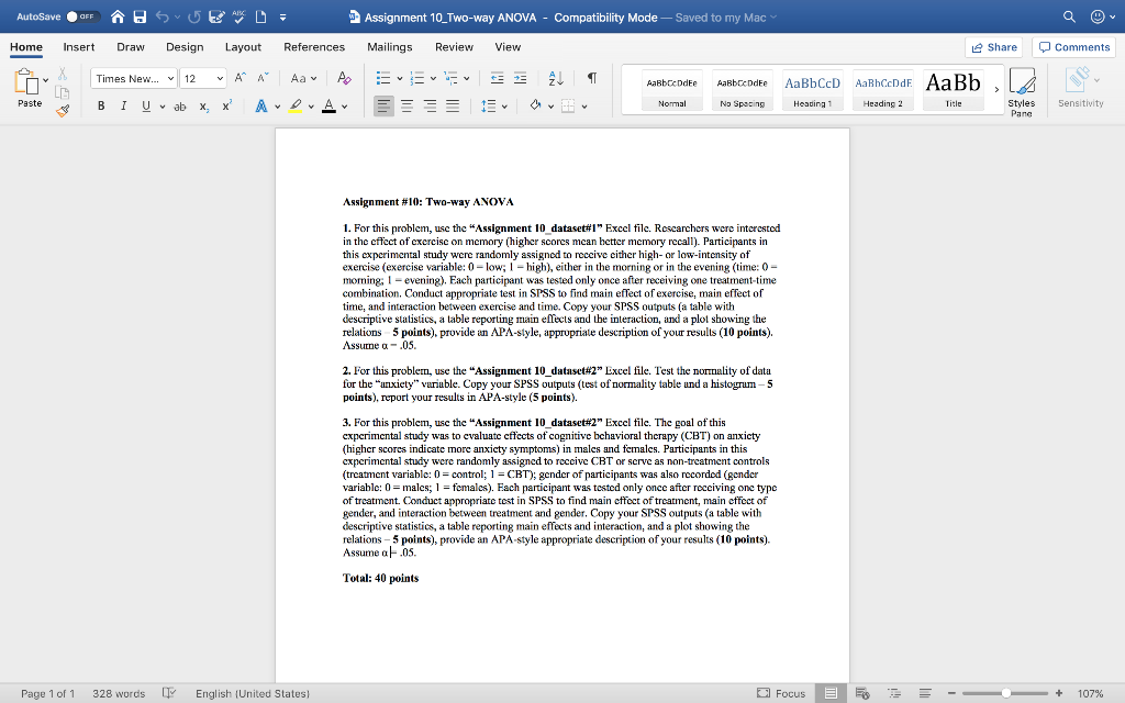 AutoSave OFF SUED = Assignment 10_Two-way ANOVA - | Chegg.com