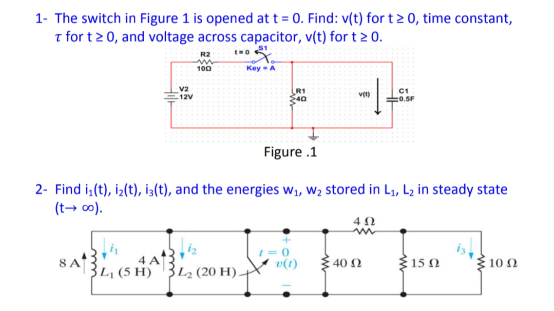 Solved 1- The switch in Figure 1 is opened at t = 0. Find: | Chegg.com